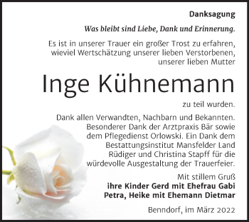 Traueranzeige von Inge Kühnemann von Trauerkombi Mansfelder Land