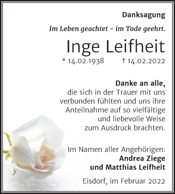 Traueranzeige von Inge Leifheit von Mitteldeutsche Zeitung Halle/Saalkreis