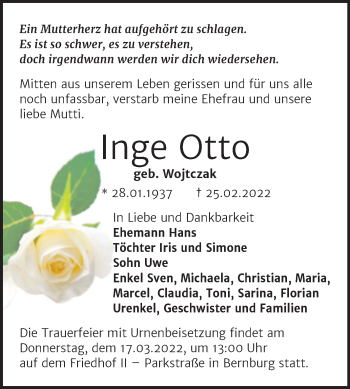 Traueranzeige von Inge Otto von Trauerkombi Bernburg