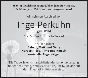 Traueranzeige von Inge Perkuhn von Trauerkombi Bernburg