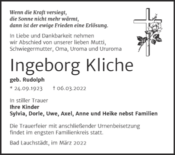 Traueranzeige von Ingeborg Kliche von Trauerkombi Merseburg