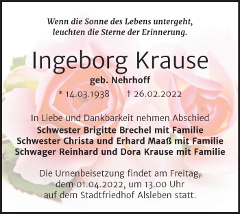 Traueranzeige von Ingeborg Krause von Trauerkombi Bernburg
