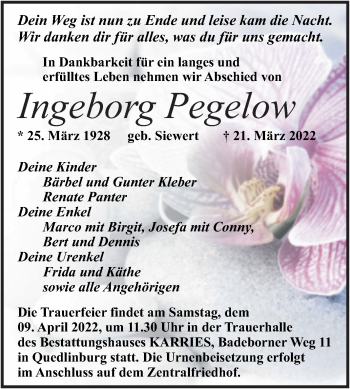 Traueranzeige von Ingeborg Pegelow von Trauerkombi Quedlinburg