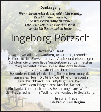 Traueranzeige von Ingeborg Pötzsch von Trauerkombi Weißenfels