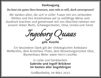 Traueranzeige von Ingeborg Quaas von Trauerkombi Weißenfels