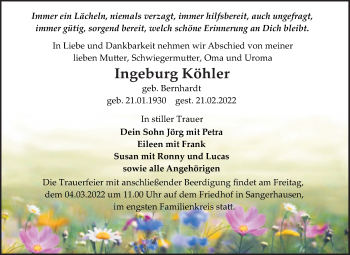 Traueranzeige von Ingeburg Köhler von Mitteldeutsche Zeitung Sangerhausen