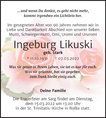 Traueranzeige von Ingeburg Likuski von Trauerkombi Sangerhausen