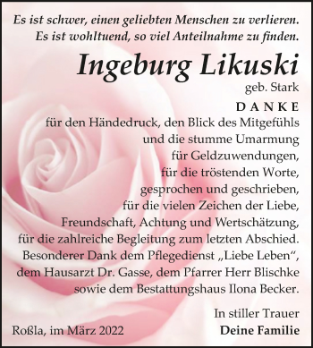 Traueranzeige von Ingeburg Likuski von Trauerkombi Sangerhausen