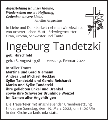 Traueranzeige von Ingeburg Tandetzki von Wochenspiegel Naumburg/Nebra