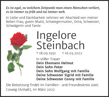 Traueranzeige von Ingelore Steinbach von Trauerkombi Wittenberg