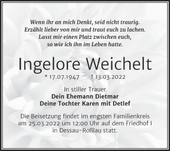 Traueranzeige von Ingelore Weichelt von Trauerkombi Dessau