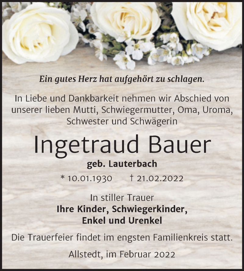  Traueranzeige für Ingetraud Bauer vom 04.03.2022 aus Trauerkombi Sangerhausen
