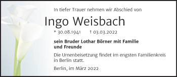 Traueranzeige von Ingo Weisbach von Trauerkombi Köthen