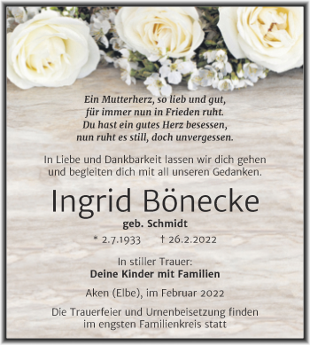 Traueranzeige von Ingrid Bönecke von Trauerkombi Köthen