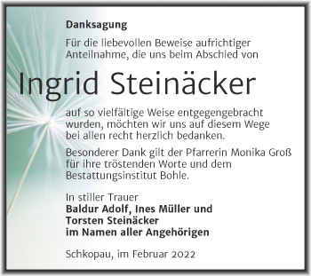 Traueranzeige von Ingrid Steinäcker von Trauerkombi Merseburg