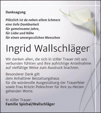 Traueranzeige von Ingrid Wallschläger von Trauerkombi Dessau