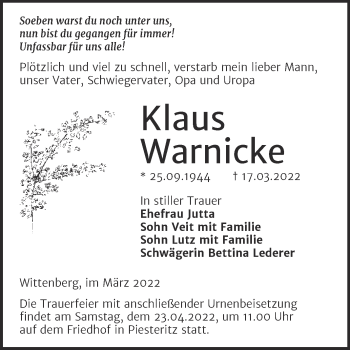 Traueranzeige von Klaus Warnicke von Trauerkombi Wittenberg