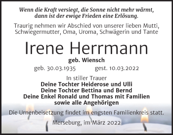 Traueranzeige von Irene Herrmann von Trauerkombi Merseburg