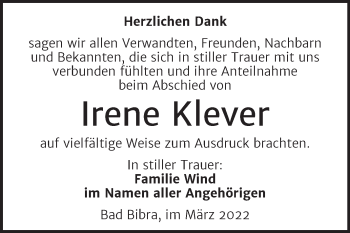 Traueranzeige von Irene Klever von Wochenspiegel Naumburg/Nebra
