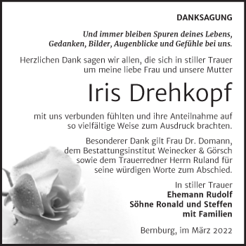 Traueranzeige von Iris Drehkopf von Trauerkombi Bernburg