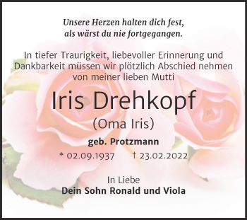 Traueranzeige von Iris Drehkopf von Trauerkombi Bernburg