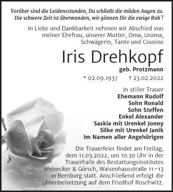 Traueranzeige von Iris Drehkopf von Trauerkombi Bernburg