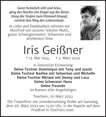 Traueranzeige von Iris Geißner von Trauerkombi Weißenfels