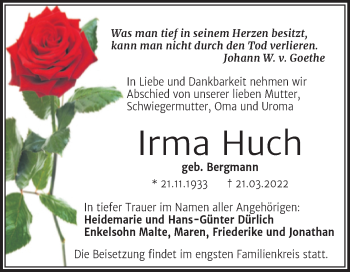 Traueranzeige von Irma Huch von Mitteldeutsche Zeitung Halle/Saalkreis