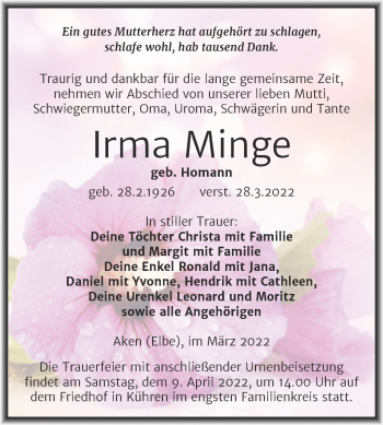 Traueranzeige von Irma Minge von Trauerkombi Köthen