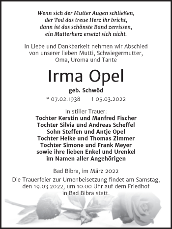 Traueranzeige von Irma Opel von Wochenspiegel Naumburg/Nebra