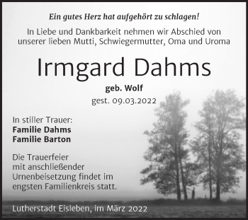 Traueranzeige von Irmgard Dahms von Trauerkombi Mansfelder Land