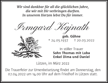 Traueranzeige von Irmgard Kajnath von Mitteldeutsche Zeitung Weißenfels