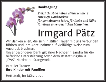 Traueranzeige von Irmgard Pätz von Trauerkombi Mansfelder Land