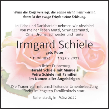 Traueranzeige von Irmgard Schiele von Super Sonntag Mansfelder Land