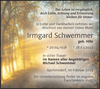 Traueranzeige von Irmgard Schwemmer von Trauerkombi Wittenberg