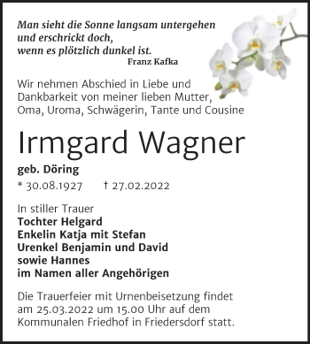 Traueranzeige von Irmgard Wagner von Trauerkombi Bitterfeld