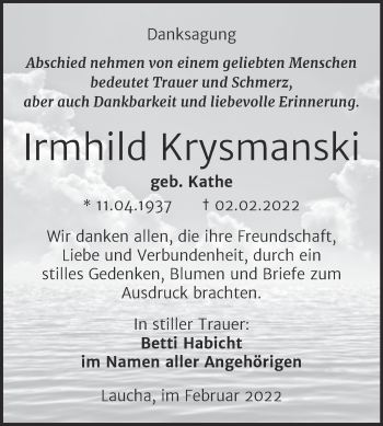 Traueranzeige von Irmhild Krysmanski von Wochenspiegel Naumburg/Nebra
