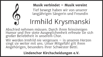 Traueranzeige von Irmhild Krysmanski von Wochenspiegel Naumburg/Nebra