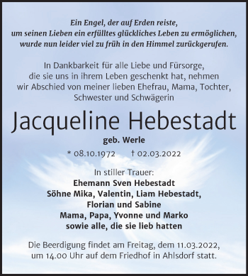 Traueranzeige von Jacqueline Hebestadt von Mitteldeutsche Zeitung Mansfelder Land