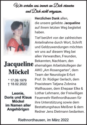 Traueranzeige von Jacqueline Möckel von Trauerkombi Sangerhausen