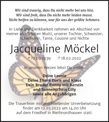 Traueranzeige von Jacqueline Möckel von Trauerkombi Sangerhausen