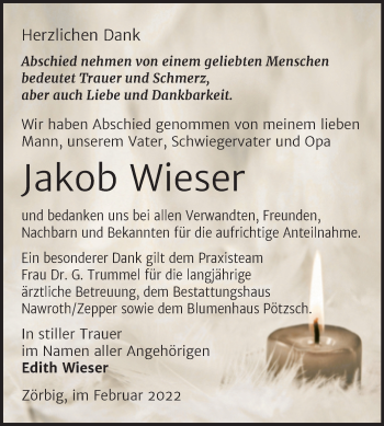 Traueranzeige von Jakob Wieser von Trauerkombi Bitterfeld