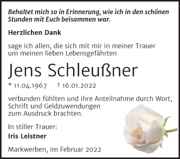 Traueranzeige von Jens Schleußner von Wochenspiegel Naumburg/Nebra