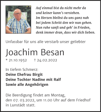 Traueranzeige von Joachim Besan von Mitteldeutsche Zeitung Merseburg/Querfurt