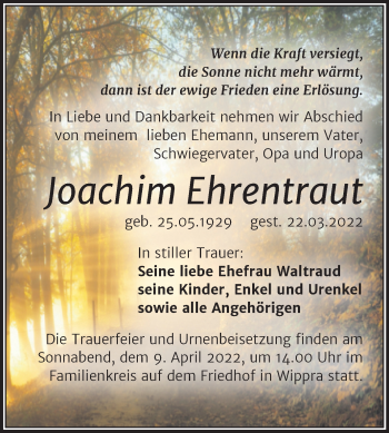 Traueranzeige von Joachim Ehrentraut von Mitteldeutsche Zeitung Mansfelder Land