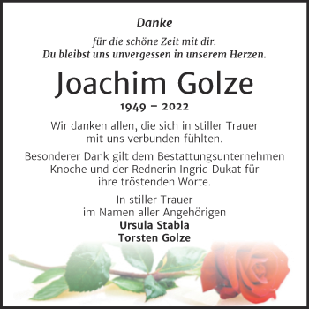 Traueranzeige von Joachim Golze von Trauerkombi Aschersleben