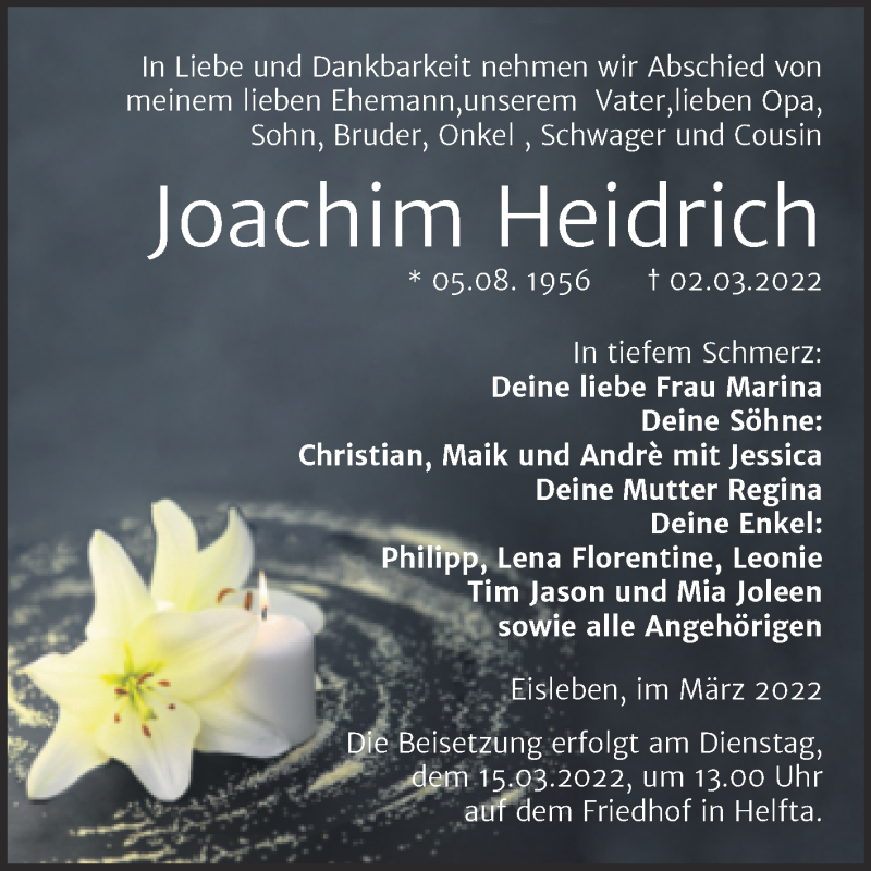  Traueranzeige für Joachim Heidrich vom 05.03.2022 aus Trauerkombi Mansfelder Land