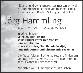 Traueranzeige von Jörg Hammling von Trauerkombi Mansfelder Land