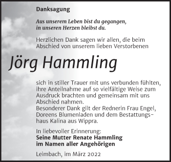 Traueranzeige von Jörg Hammling von Trauerkombi Mansfelder Land