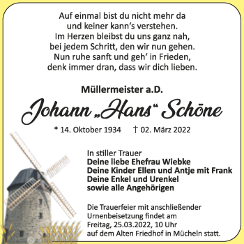Traueranzeige von Johann Schöne von Trauerkombi Merseburg